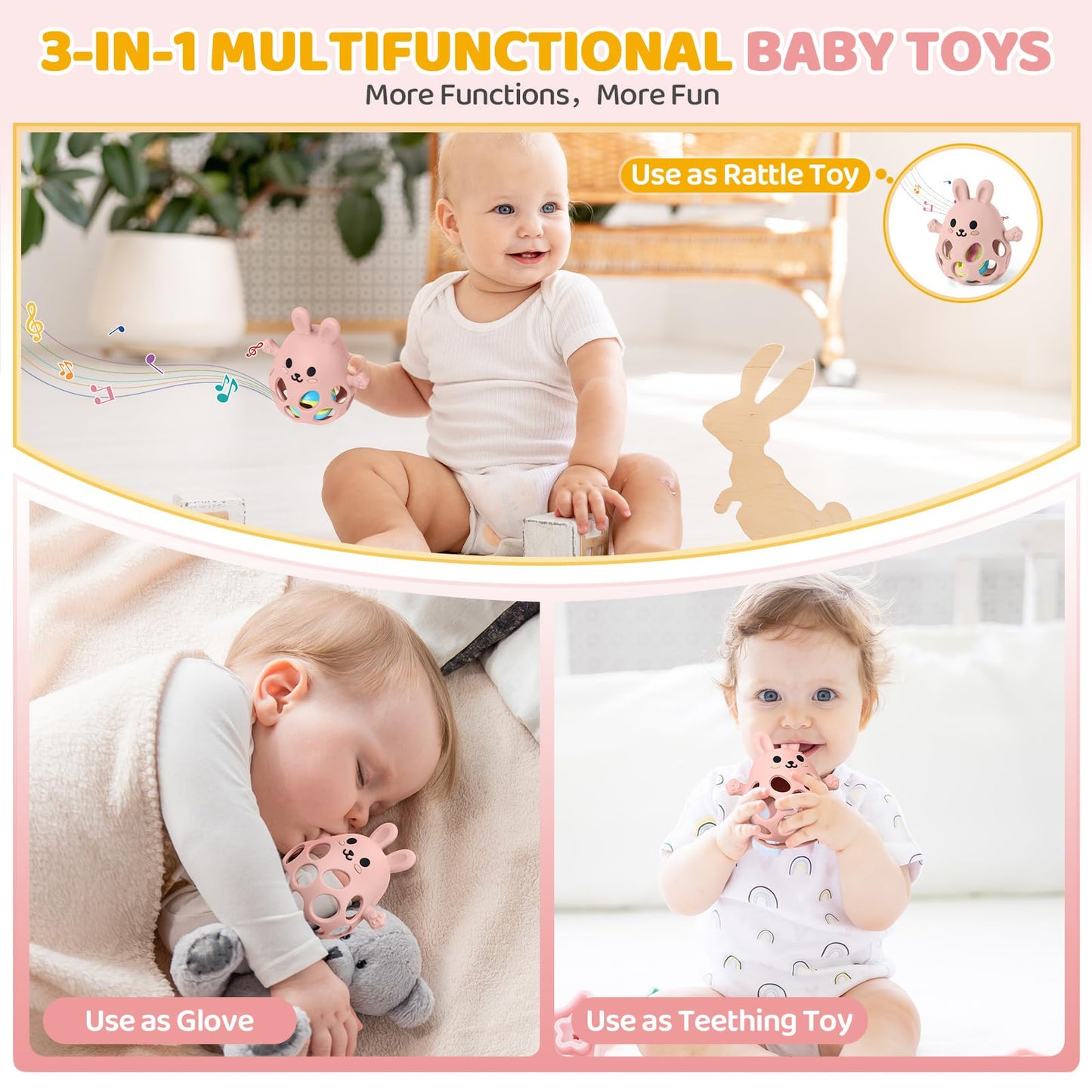Orzbow Bunny Teether for Baby, Easter Teether with 2 in 1 Rattle & Teething, Easy Grasp Teething Mittens for Babies 3-12 Months, Food Grade Silicone, Newborn Infant Easter Basket Stuffers Gifts, Pink