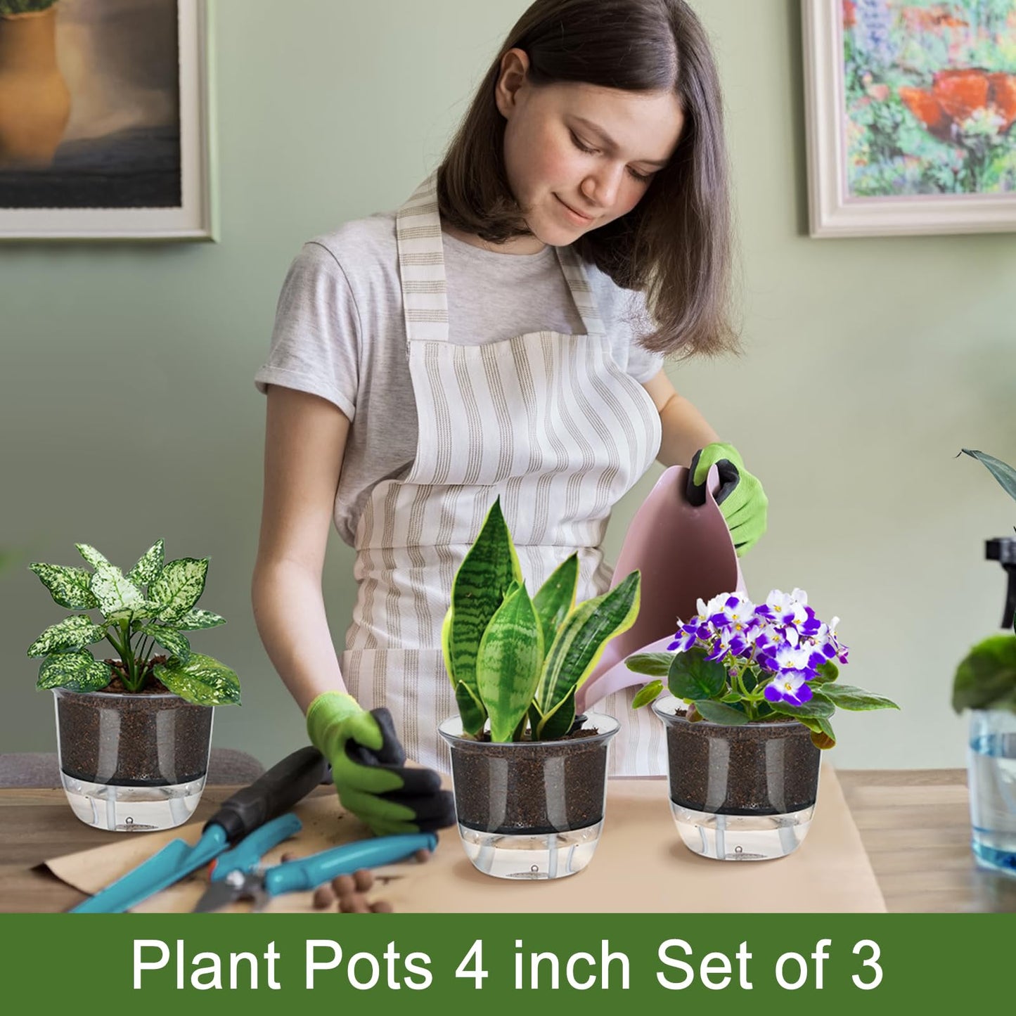 IWNTWY Self Watering Pots, 3 Pack 4 Inch Clear Plant Pot Self Watering Planter Flowers Pot with Deep Reservoir for Indoor Plants (3 Small)