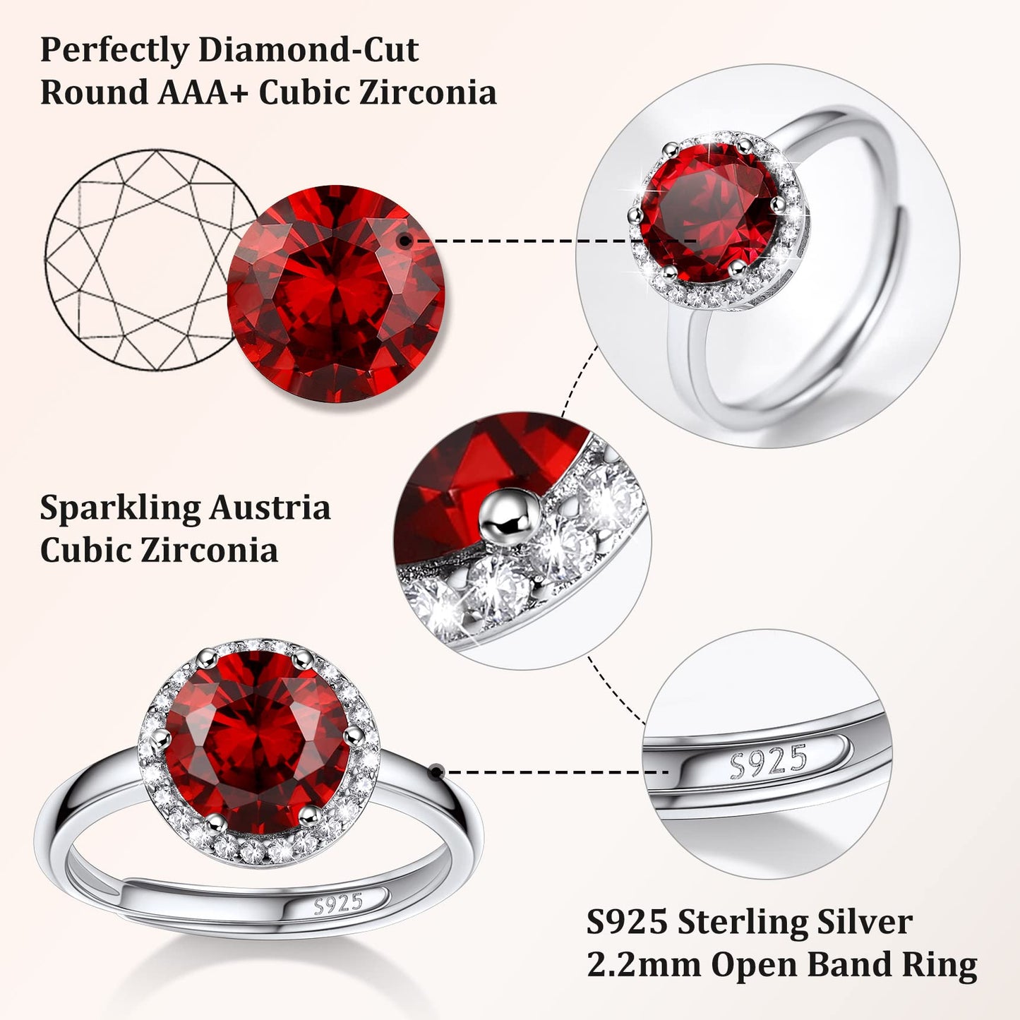 Bestyle 925 Sterling Silver Created Diamond Rings Round Crytsal Rings for Women, 8mm January Granet Birthstone Gemstone Rings Illuminated by 1mm White Cubic Zirconia