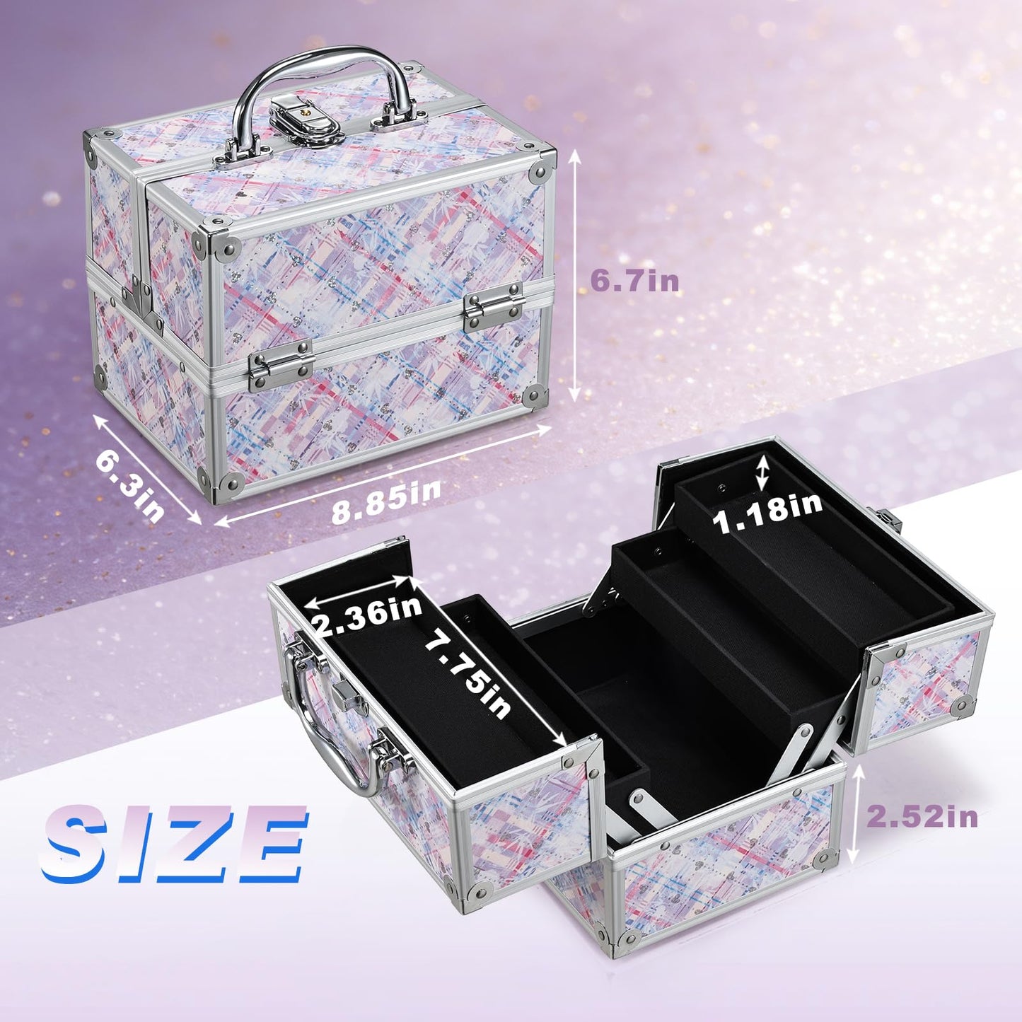 FRENESSA Makeup Train Case 8.85 Inch Portable Makeup Case Organizer Cosmetic Box Make Up Box Makeup Organizer Cosmetic Storage Cases with Locking Nail Kit Organizer Small Travel Case Pink Plaid
