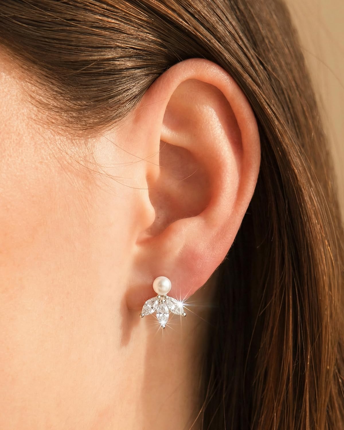 BSGRL Pearl Earrings - Silver 14k White Gold Plated 3pcs Marquise Cut Cubic Zirconia Pearl Stud Earrings for Women Wedding Party Bridal