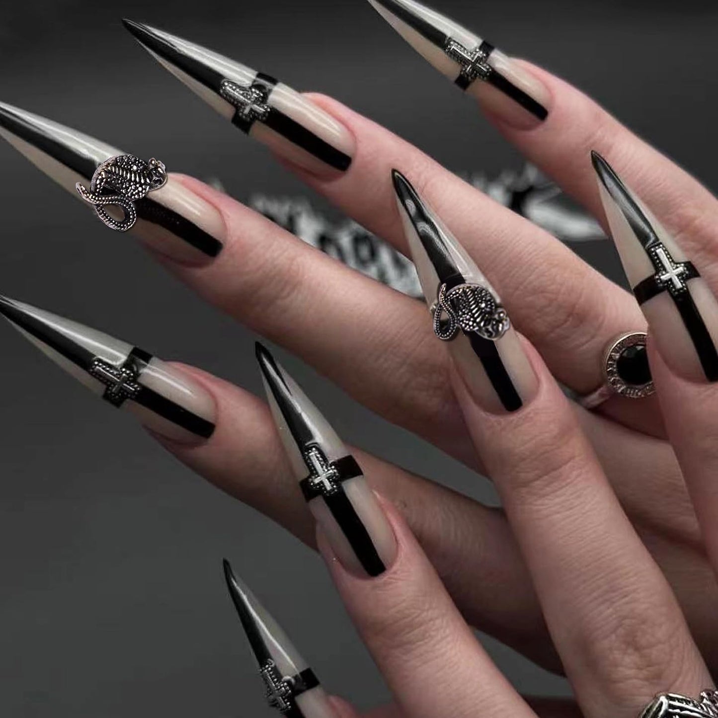 MISUD Press on Nails - Long Stiletto Fake Nails with Goth Black Cross, Acrylic Y2K Charms Design 24 pcs