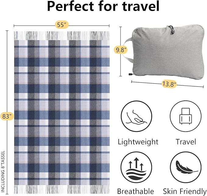 Throw Blanket Plaid with Carry Bag | Soft Wool Travel Blanket 55"x83" 1.5lbs | Blue Plaid Decorative Throw for Couch, Camping & Gift