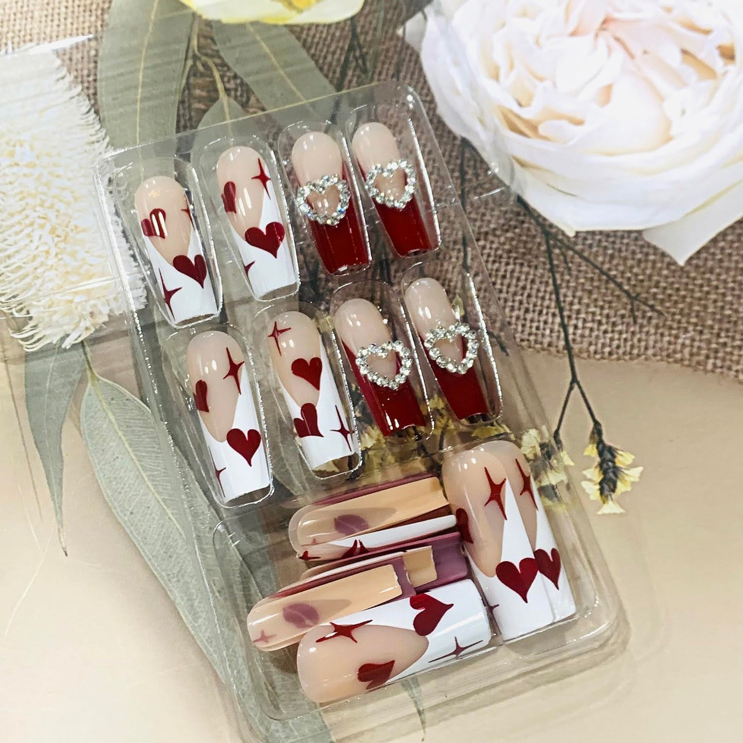 FIEONCIY Press on Nails Long Coffin Shaped Acrylic Glossy Full Cover Long Square French False Nails with Designs Artificial Extra Long Fake Nails with Charms Glue ons Fingernails for Women(A80108)
