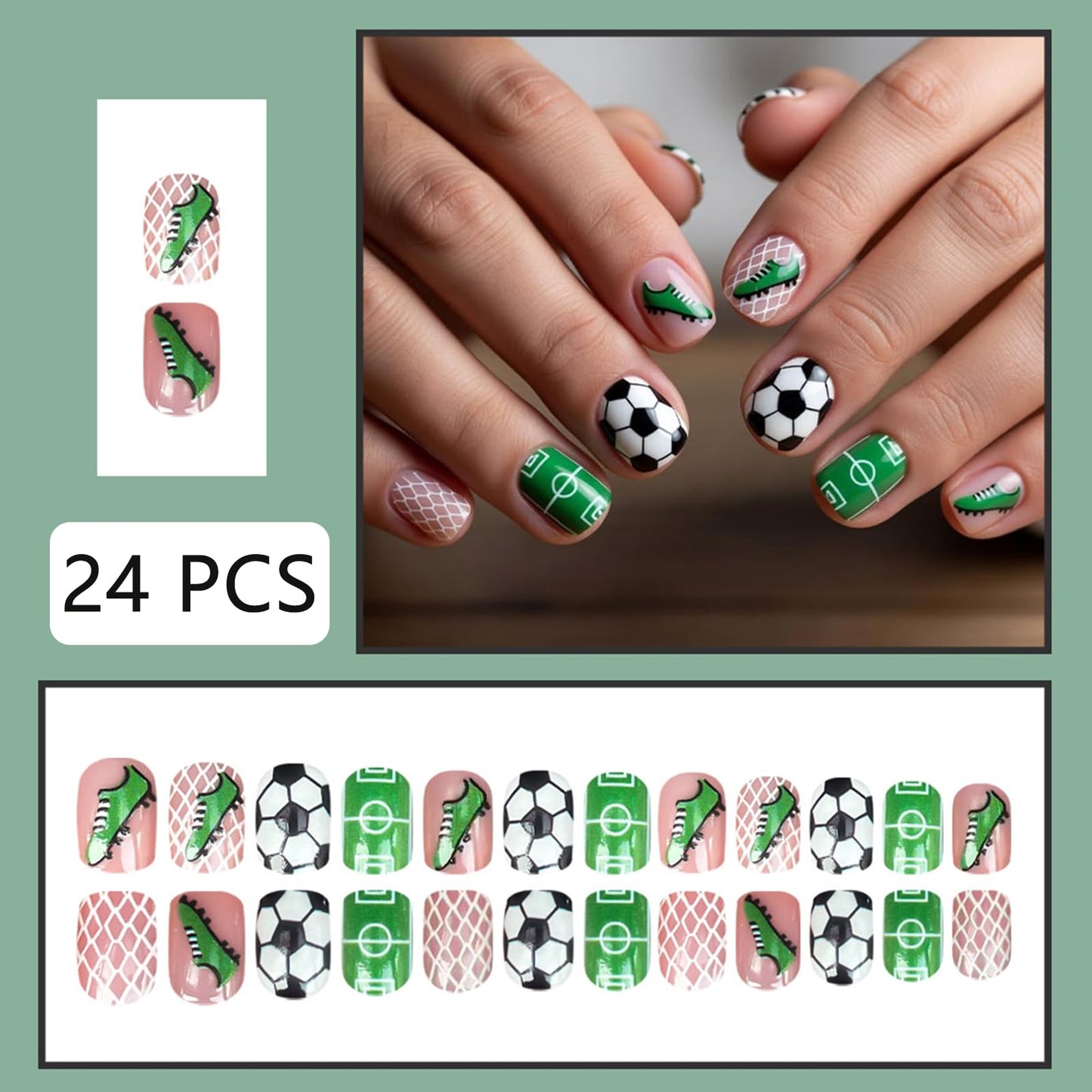 Green Soccer Theme Press on Nails Short Square Fake Nails Green Football Field False Nails Football Boots Acrylic Stick on for Women Girls Soccer Manicure Decoration 24Pcs
