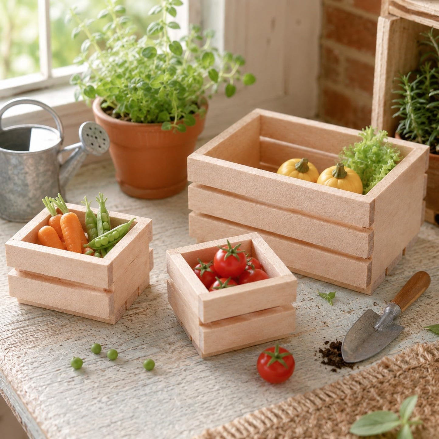 LOGOFUN 3pcs Dollhouse Mini Storage Basket Miniature Wooden Milk Crate 1/12 Tiny Fruit Baskets Model for Dollhouse Accessory - 1.2 * 0.9 & 1.9 * 1.6inch