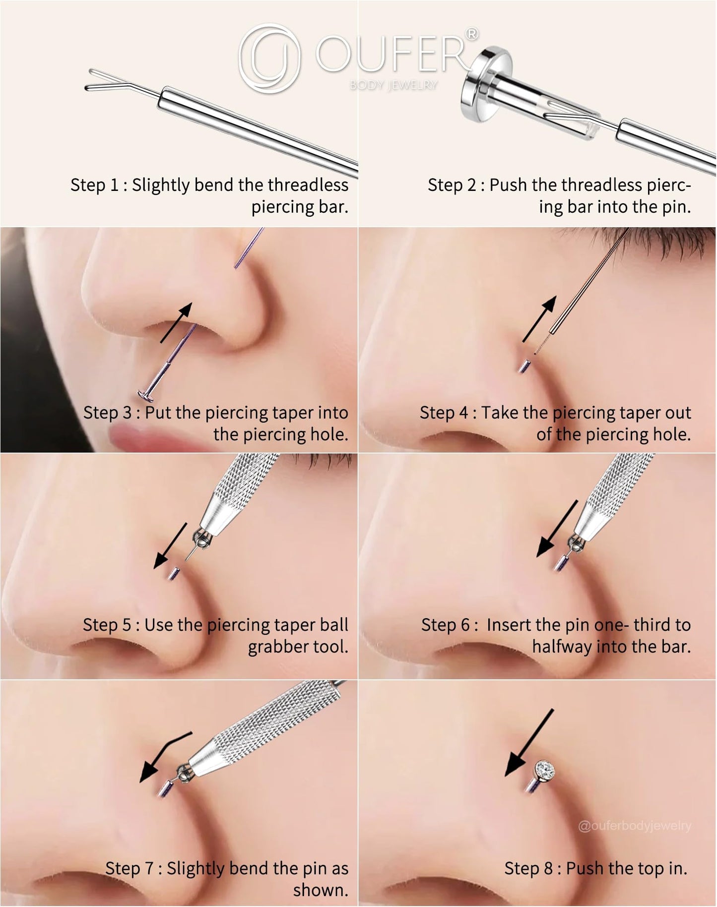 OUFER Piercing Ball Grabber, 16G/18G/20G Flat Back Earrings Piercing Guide needle Tool, Surgical Steel Internally Threaded Push Pin External Thread Assistant Body Piercing Kit for Ear Nose Lip Tool