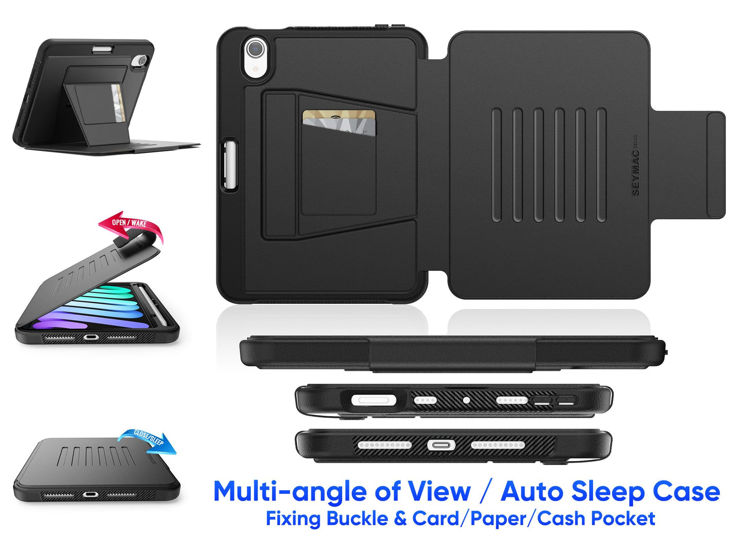 SEYMAC stock Case for iPad mini 7 (A17 Pro)/ Mini 6 8.3'', Strong Magnetic Auto Sleep Shockproof Case with Absorbing Multi-Angles Stand, Pen Holder, Card Slot, Black