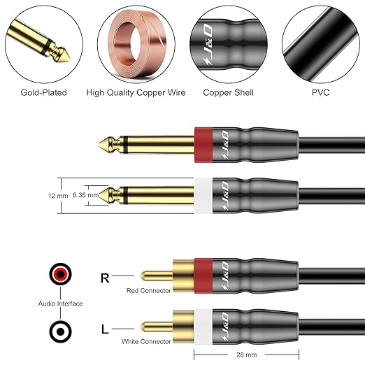 J&D Dual 1/4 inch TS to RCA Cable, 9 feet, Heavy Duty Audio Interconnect, Compatible with AV Receiver, Speaker, Amplifier