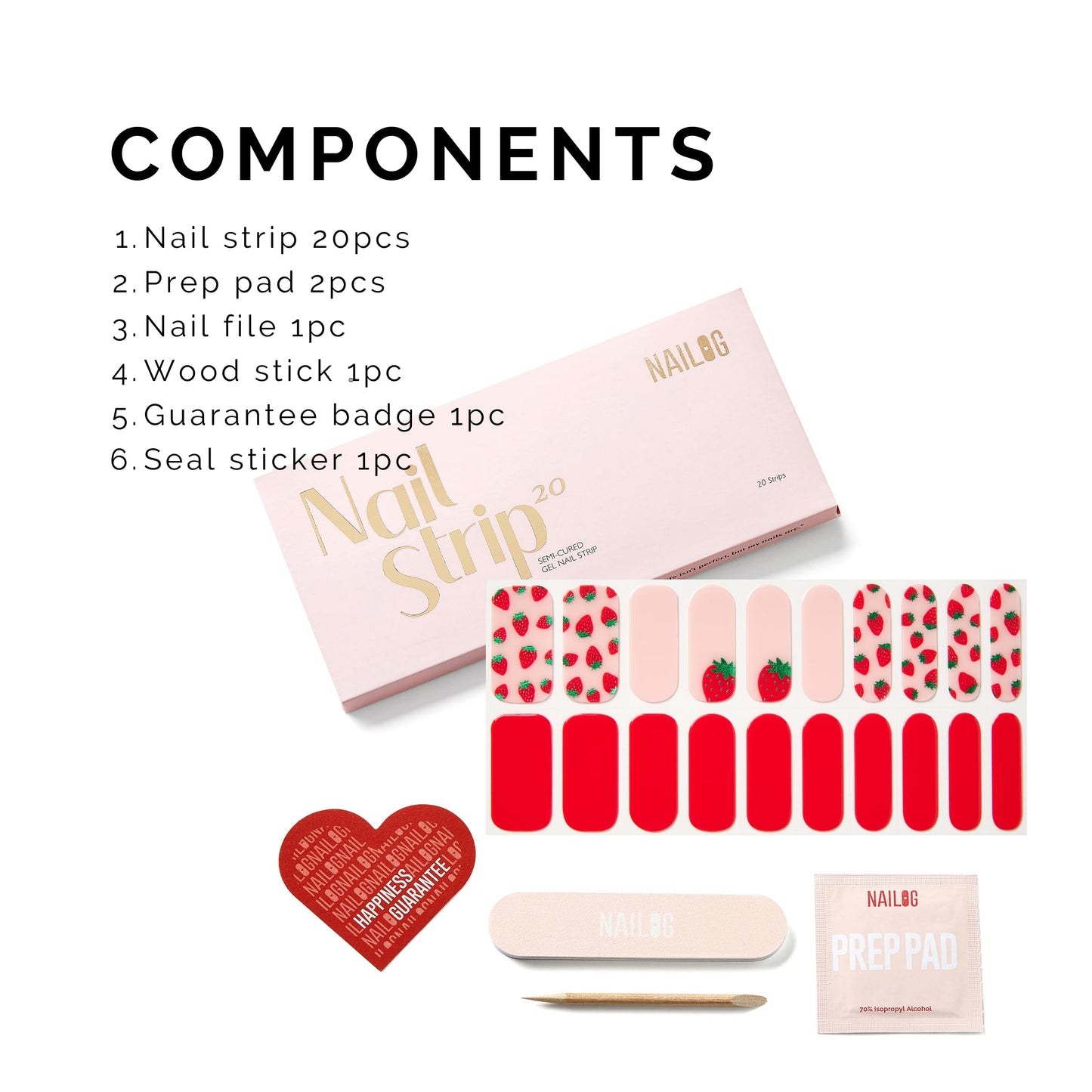 Semi Cured Gel Nail Strips - NAILOG 20 Pcs Red Strawberry Nail Stickers Extra Long Wraps with Glossy Gel Finishing for Spring, Strawberry Sorbet