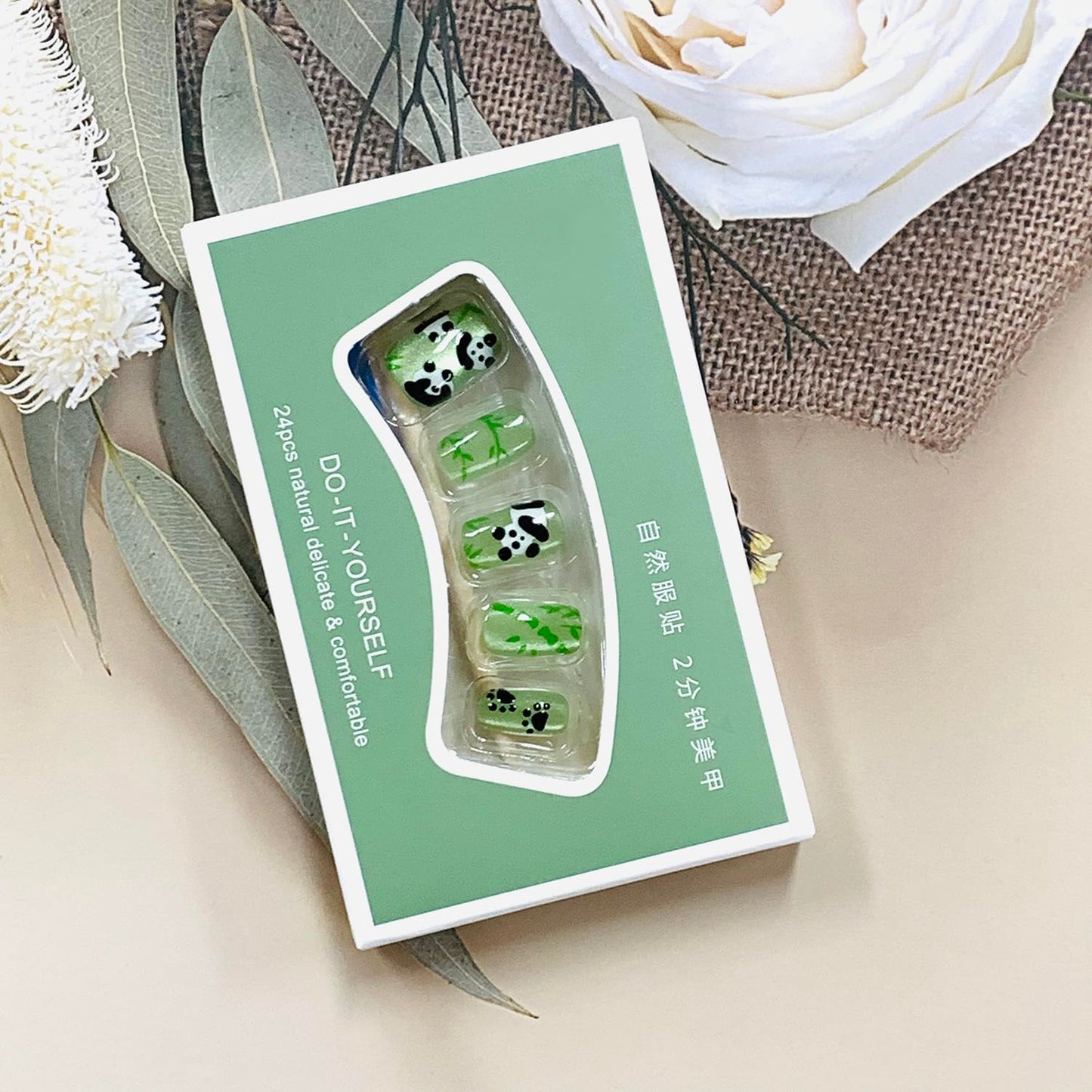 Press On Glossy Full Cover Acrylic Short Green False Nails with Panda Bamboo Artificial Square Shaped Fake Nails with Charms Glue Ons for Women Girls