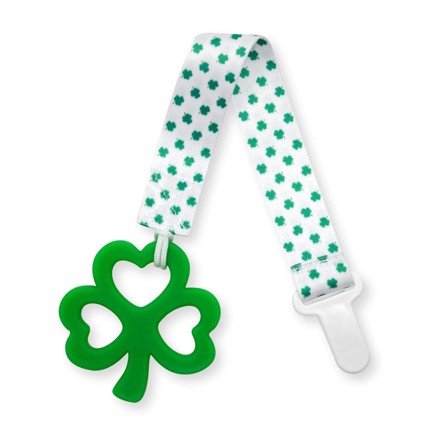 Clover Child Irish Baby Teething Toy - Shamrock Clover Teether & Pacifier Clip- Multi Textured, Soft, BPA Free Silicone