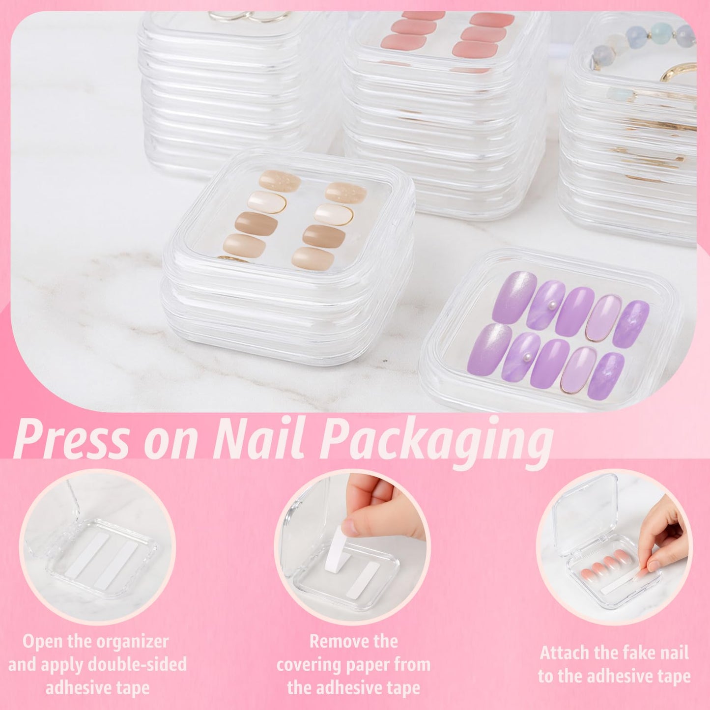 XNXA Clear Press On Nail Storage Containers 12-Pack Stackable Cases, Press Ons Nail Packaging Organizer Case, Acrylic Tips and Fake Nails Display Box for Travel and Salon Use (Clear 01)