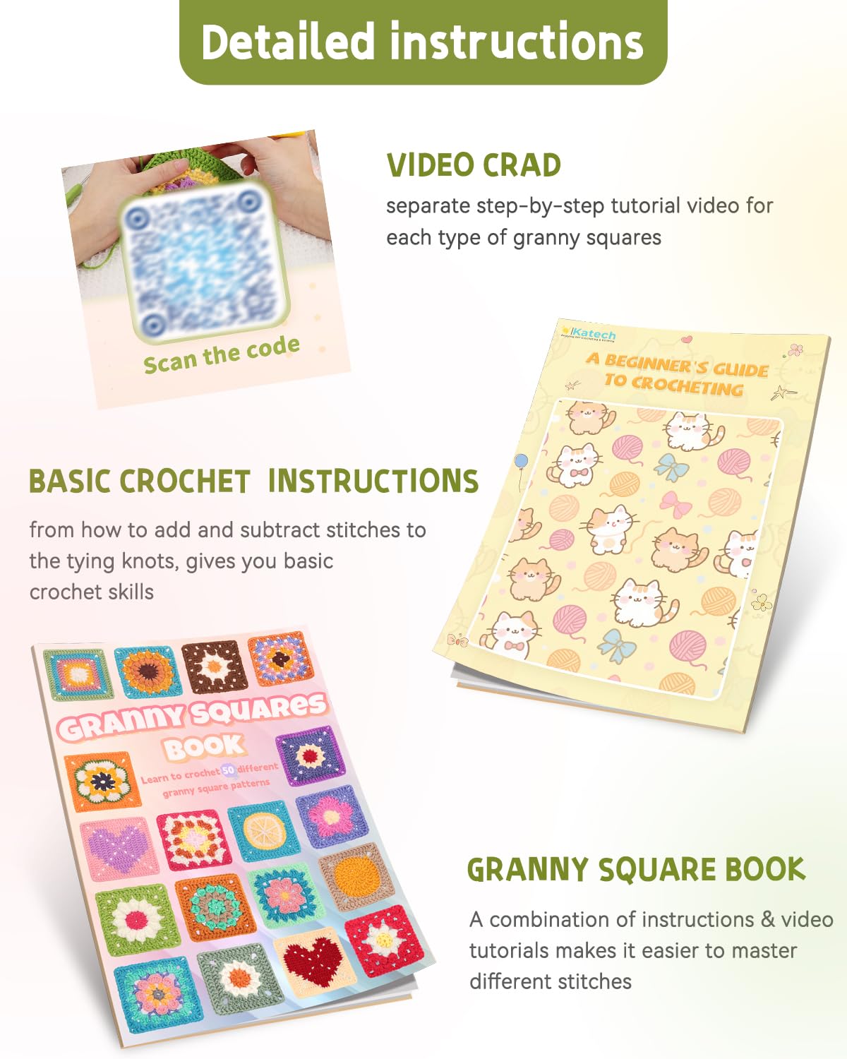 Katech Crochet Kit for Beginners-Crochet Kit for Adults Kids w/Step-by-Step Video Tutorials, Learn to Crochet 50 Pattern Granny Square Kit Crochets Starter Kits w/Upgraded Yarn-Zero Based Friendly