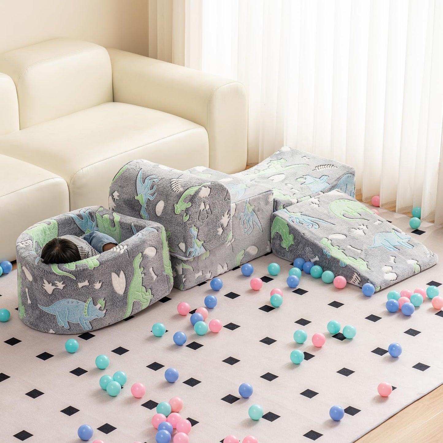 Tiita Baby Climb and Crawl Playset 5-Piece, Kids Foam Climbing Block with Small Ball Pit - Indoor Soft Play Climber for Playtime Fun, Grey Star, Green Dinosaur