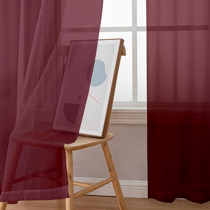 Simplebrand Rod Pocket Top Solid Voile Sheer Curtains for Bedroom, 54 Inch Length Drapes Set of 2, Lightweight and Light Filtering Elegant Red Curtains Panels Window Treatment, 42W×54L, Burgundy
