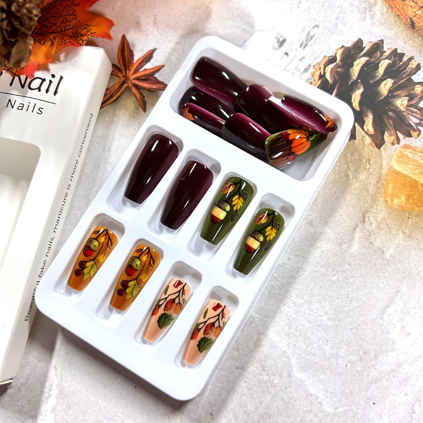 Thanksgiving Press on Nails Medium Ballet Shaped Fall Maple Leaf Pumpkin Pattern Acrylic False Nail Full Cover Glossy Autumn Stick on Nail Festival Artificial Fingernails Glue on Nails for Women 24Pcs