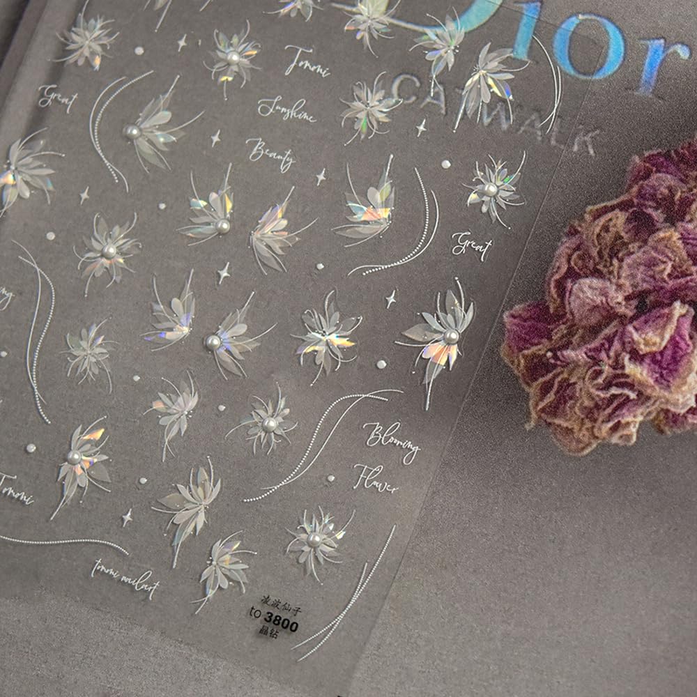 Fairy Pearled Nail Stickers 5D Embossed – Premium Salon-Quality Nail Charm Accessories, Easy Application & Self-Adhesive White Petals Decal for DIY Manicure, Nail Art, Press on, Home or Salon Use