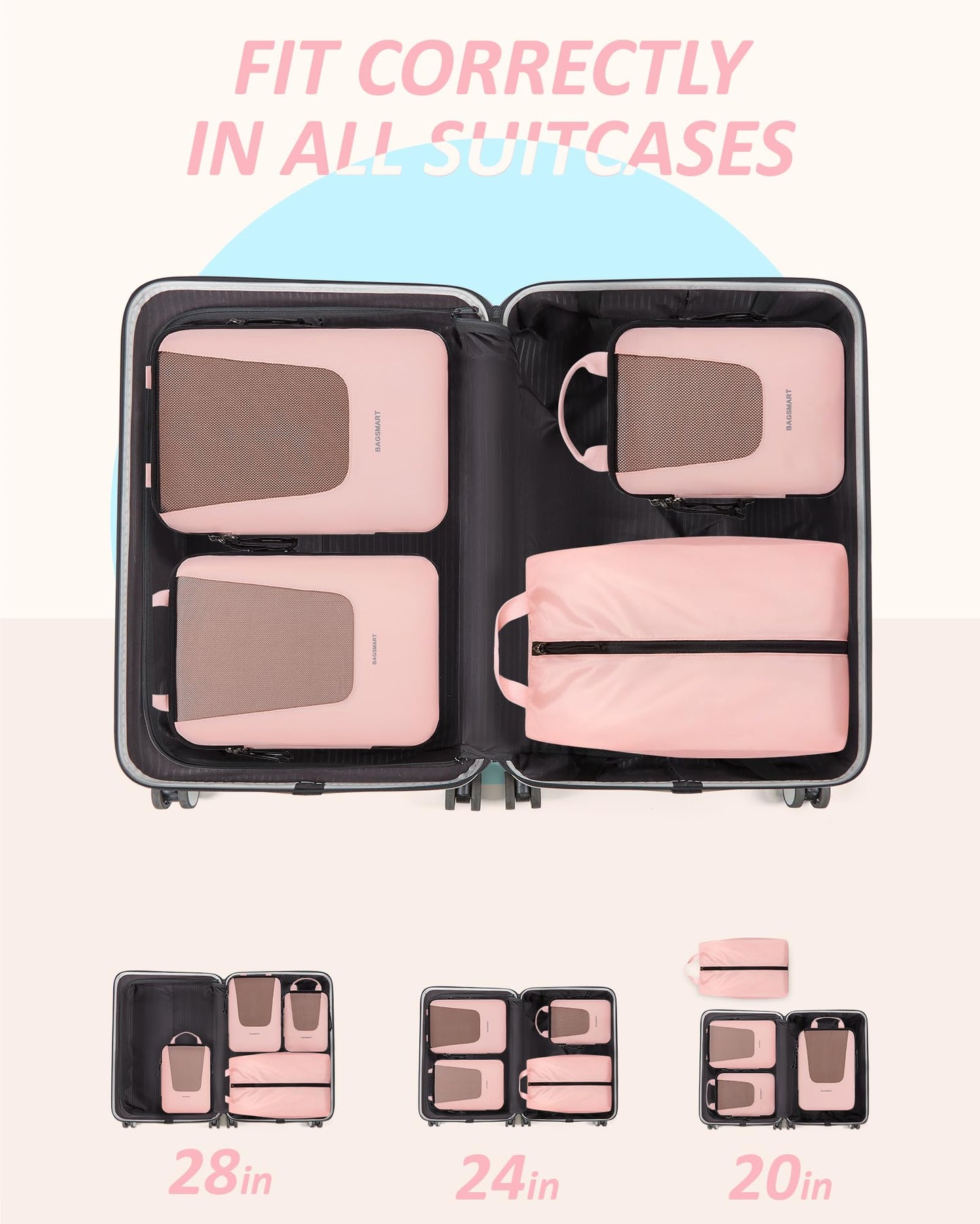 BAGSMART Compression Packing Cubes for Travel, 6/5/4set Lightweight Packing Organizers, Summer Travel Essentials Suitcase Organizer Bags Set, Compressible 4 Set/Beige