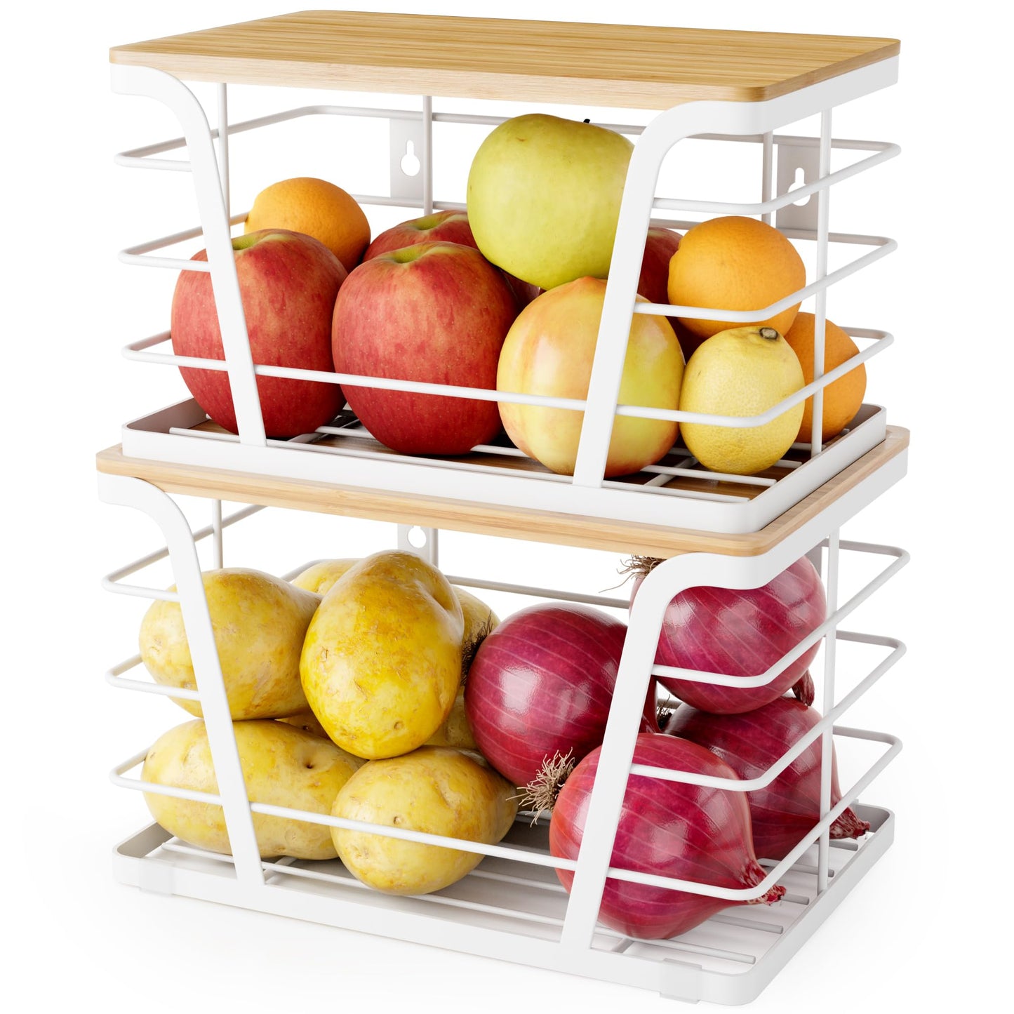 TIDIIABODE Extra Large 2 Pack Potato and Onion Storage Bins, Potato and Onion Storage Baskets with Bamboo Top, Trash Bag Dispenser, Storage Stackable for Kitchen Laundry Organizers, White