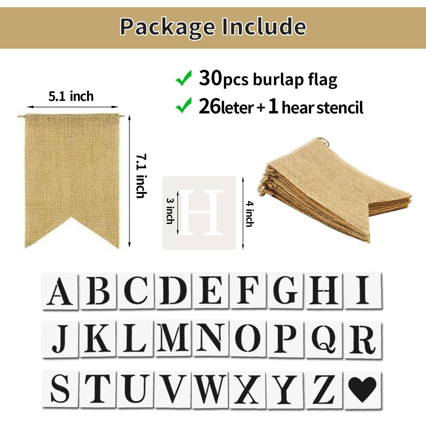 30pcs Burlap DIY Brown Banner Set– Includes Letter & Heart Stencils, Personalized Banner for Handwriting Custom Signs for Birthday, Wedding Holiday Decor (5.1x7.1 inch)