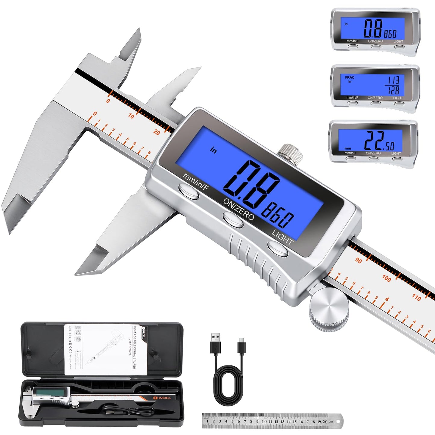 HARDELL Digital Caliper, Rechargeable Caliper Measuring Tool with Backlight LCD Screen, All Metal Calipers, Auto-Off Digital Micrometer, Inch/MM/Fraction for Household/3D-Printing-Rechargeable 6 Inch
