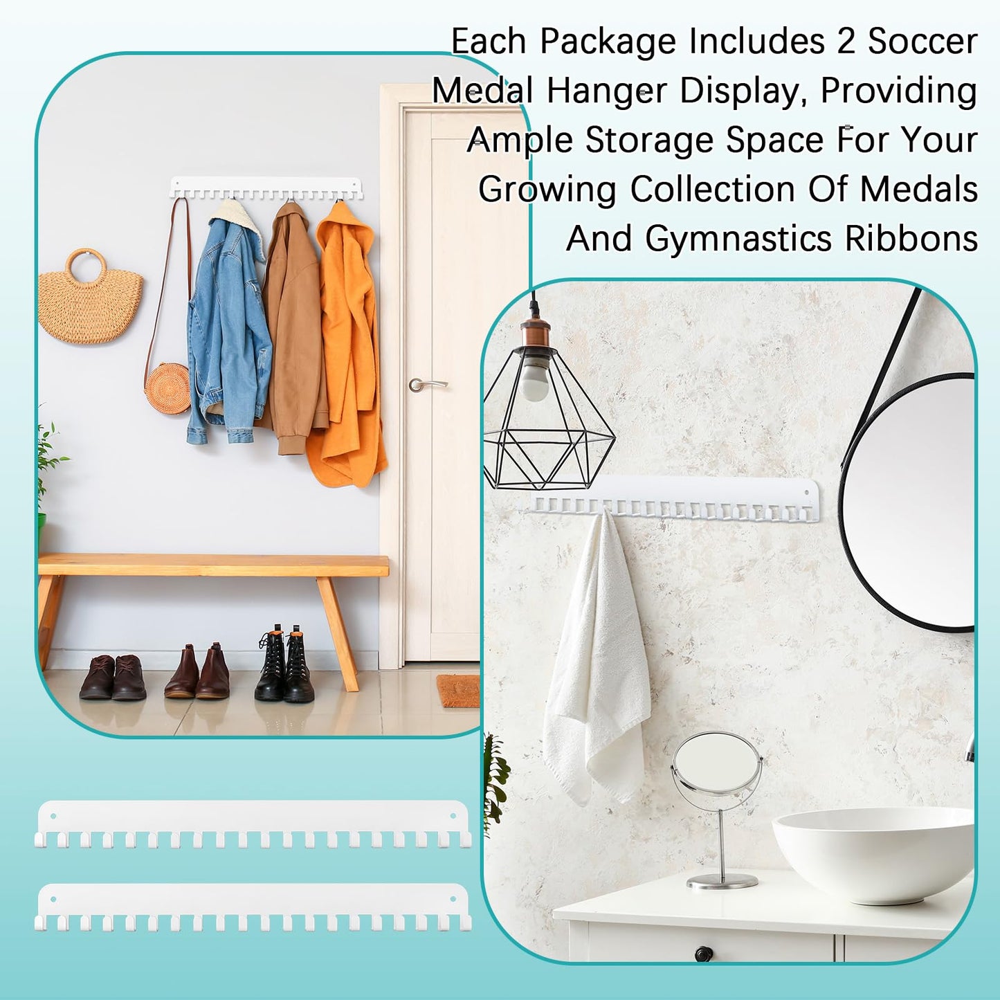 Geetery 4 2/4 Pack Medal Hanger Display with 20 Hooks Each, Steel Wall Mount Medal Holder Rack Holds 60+ Awards for Marathon Running Soccer Wrestling Gymnastics Swimming, Easy to Install (White)