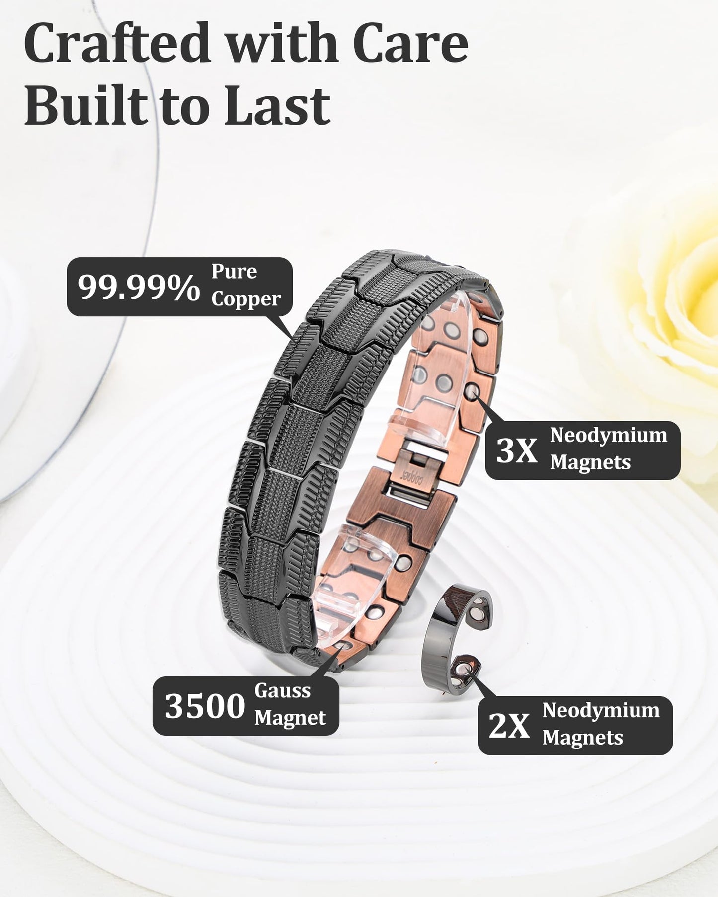 Fashtour 3X Copper Bracelet for Men Triple Ultra Strength Magnets, Masculine Design Pure Copper Magnetic Bracelet, Adjustable Length with Sizing Tool (Black2)