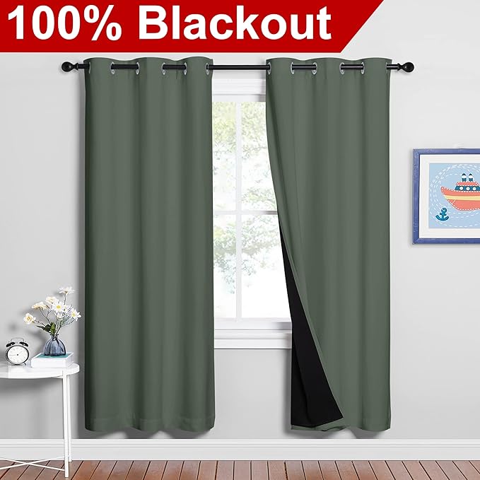 NICETOWN 100% Blackout Window Curtain Panels, Full Light Blocking Drapes with Black Liner for Nursery, 72-inch Drop Thermal Insulated Draperies (Dark Mallard, 2 Pieces, 42-inch Wide Per Panel)