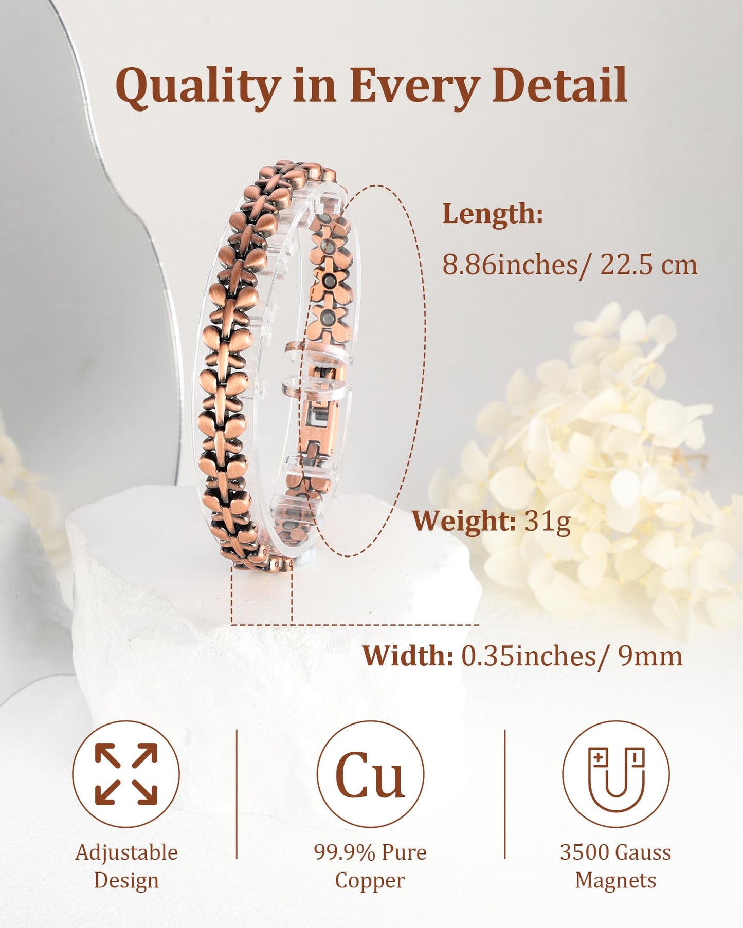 BioMag 99.99% Copper Bracelets for Women, Magnetic Bracelets with 3500 Gauss Neodymium Magnets with Adjustable Sizing Tool & Jewelry Box (Copper)