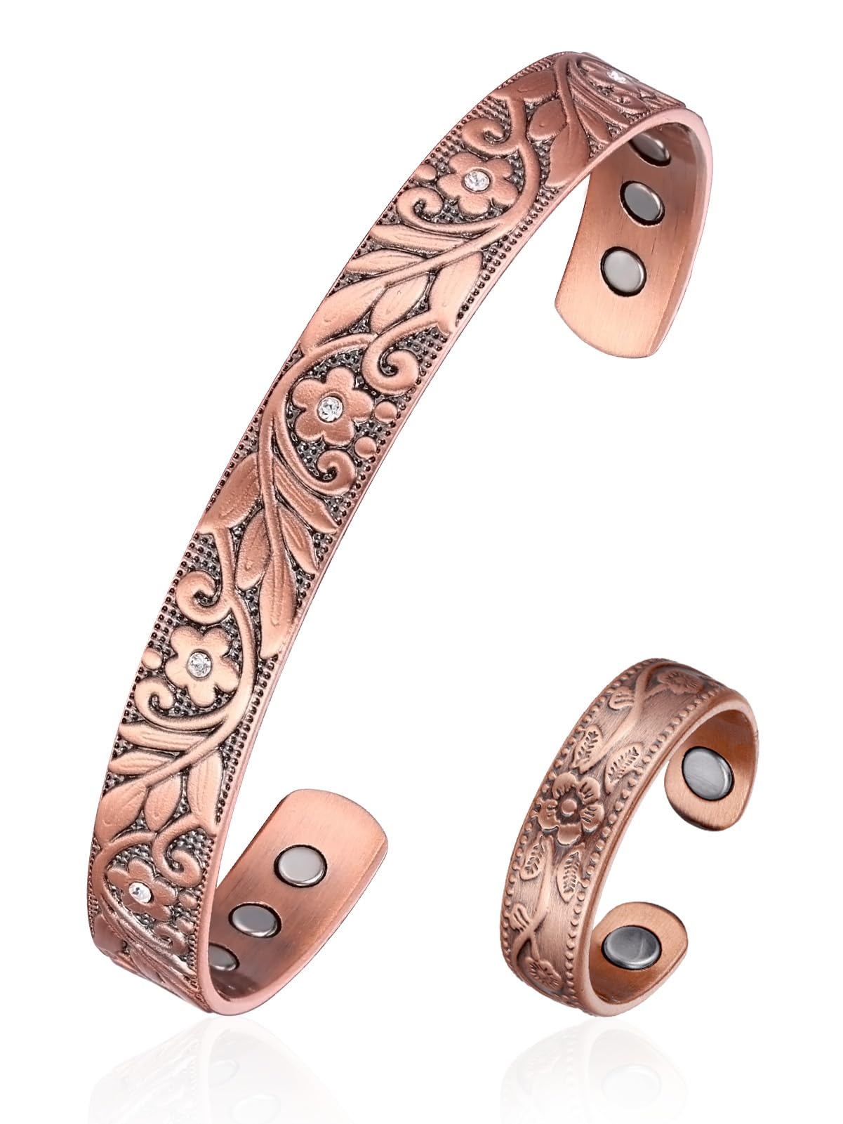 BioMag Copper Bracelet & Ring for Women, 99.99% Pure Copper Magnetic Bracelet Lymphatic Drainage Rings with 3500 Gauss Magnets, Adjustable & Flower Pattern (Copper-D)