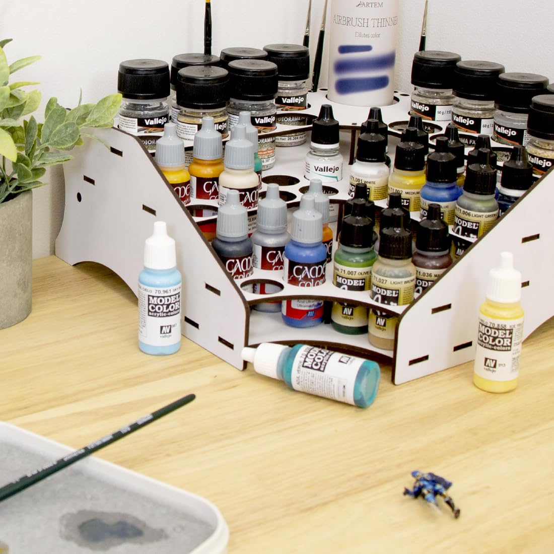 Hartem - Paint Otganizer | Corner Model Paint Rack for Acrylic Paints & Brushes | Holds 28 (0.57 fl oz) + 16 Bottles (1.18 fl oz or 2.03) + 1 Bottle (6.76) & 26 Brushes | Acrylic Stand for Miniatures