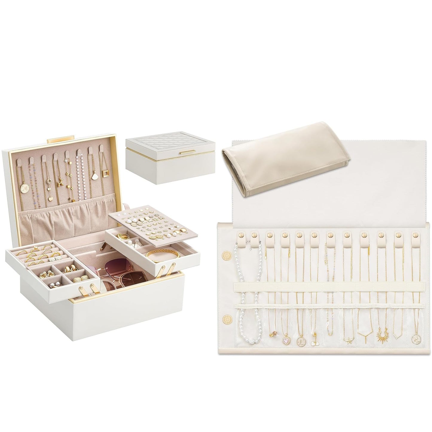 Lolalet Cream 2 Layer Jewelry Box Organizer with Drawers and Beige 12 Slots Travel Necklace Organizer Bundle, Jewelry Storage and Travel Solution