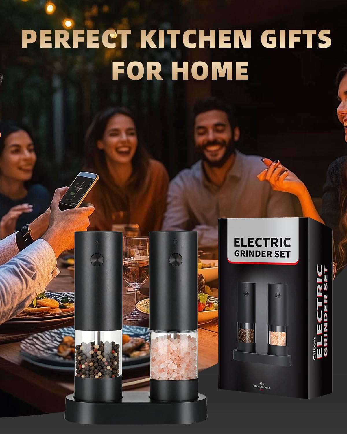 Electric Salt and Pepper Grinder Set Rechargeable, Automatic Salt and Pepper Shakers Mill Refillable, One Hand Operation Adjustable Coarseness, Kitchen Gadgets, House Warming Gifts New Home