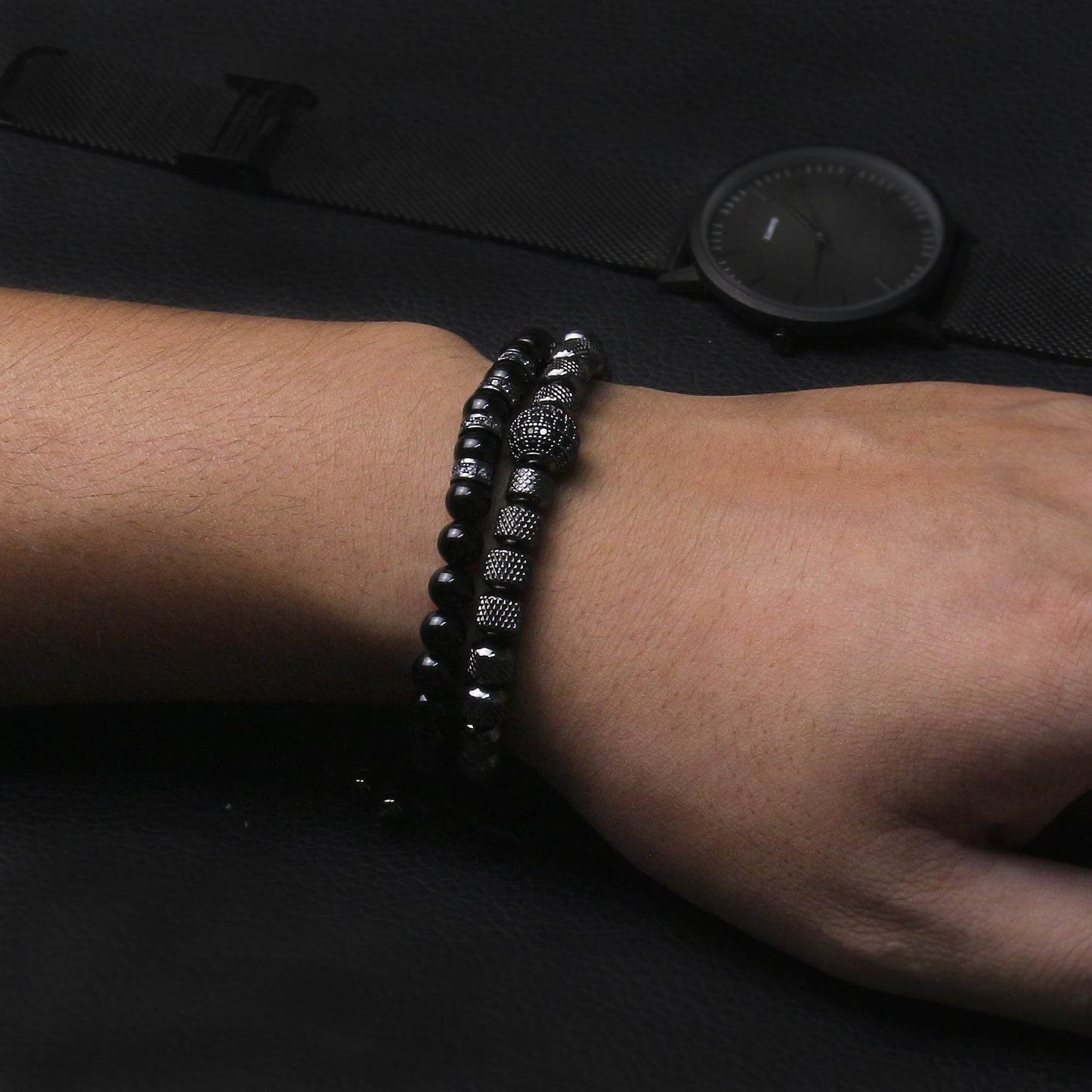Men's Beaded Bracelets - 6mm Obsidian Stainless Steel Bracelet With Cubic Zirconia Beads - Adjustable Bracelet Set for Couples, Boyfriend, Husband (Black)