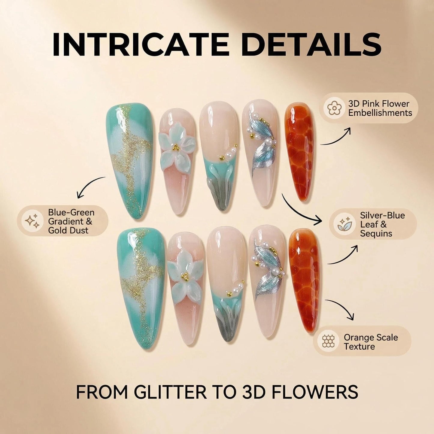 Handmade Press on Nails Long Stiletto False Nails Blue French Tip Fake Nails with 3D Blue Flower Designs Glitter Charm luxury Artificial Nails for Women (Size M）10pcs