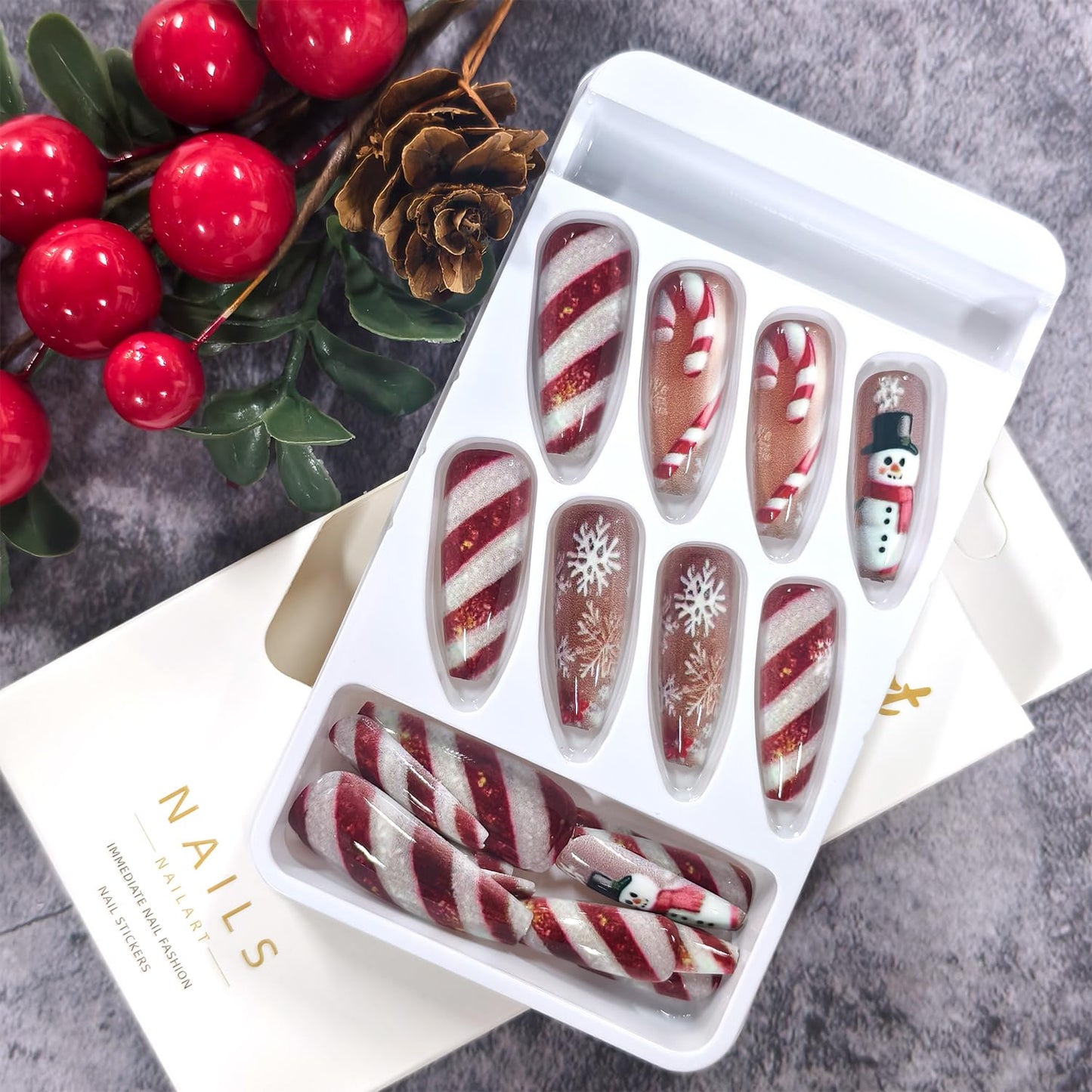CJDLTS Snowflake Press on Nails Long Ballet Artificial Acrylic Fake Nails Snowman Red White Stripe with Glitter Stick on Nail Christmas False Nail Full Cover Winter Artificial Fingernails for Women