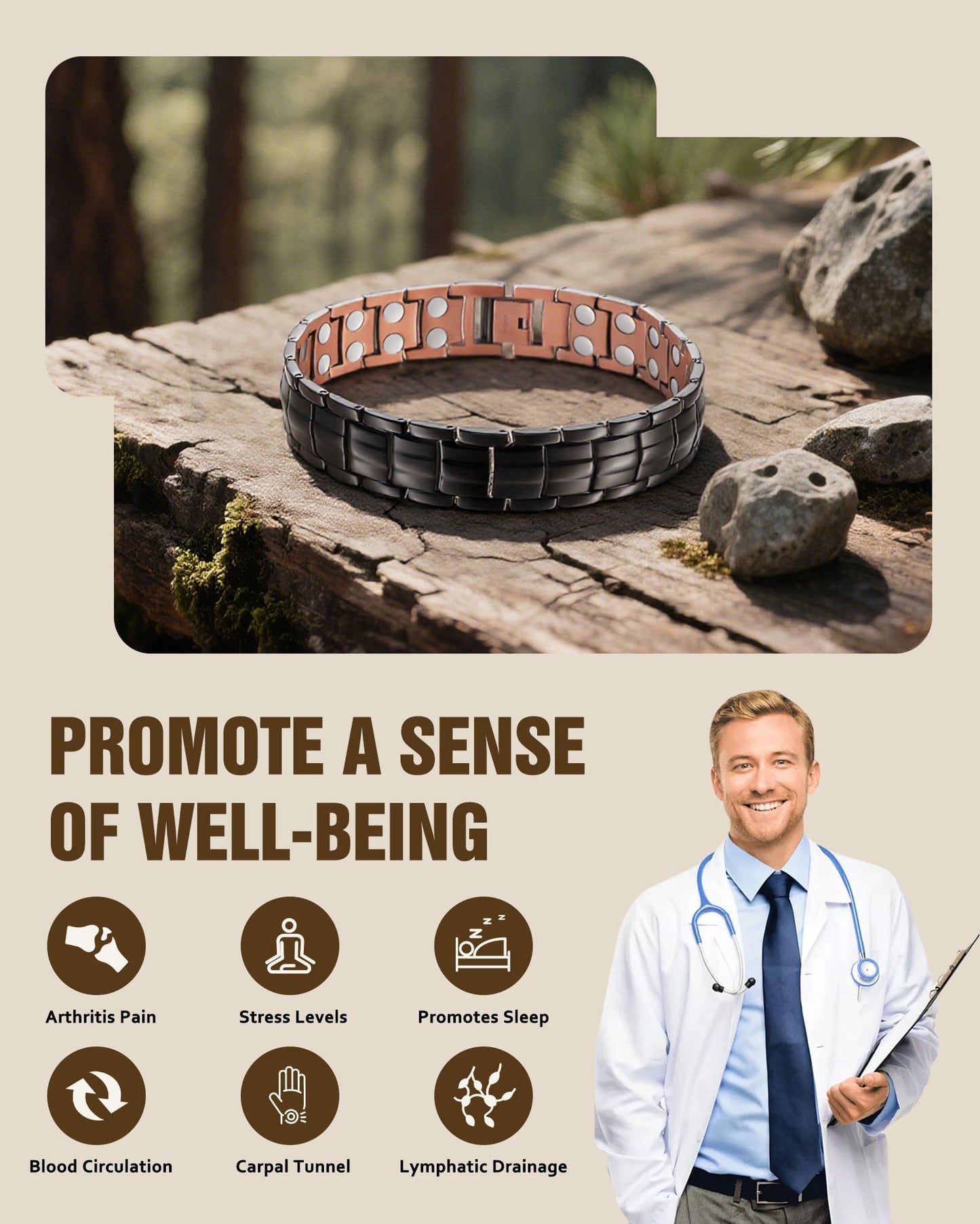 Jecanori 2X Strength Pure Copper Bracelet for Men, Magnetic Bracelets for Men with Fold-Over Clasp