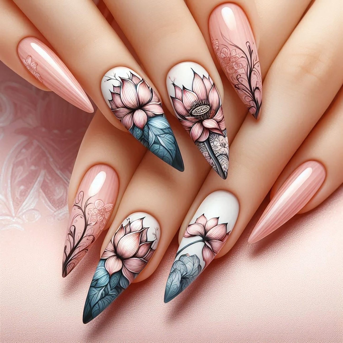 CJDLTS 24Pcs Flower Almond Tip Press on Nails Medium Length Lotus Pattern Design Full Cover Glossy Acrylic False Nail Nude Pink Artificial Stick on Nail Press Ons Blossom Glue on Nails for Women