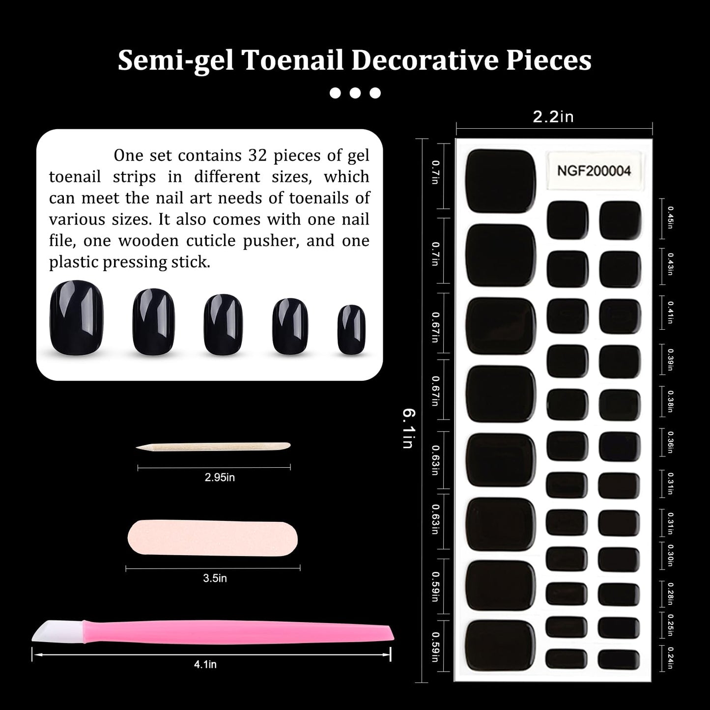 SILPECWEE Semi Cured Gel Nail Strips, Toenails Stickers Full Nail Wraps UV Light Required, Salon Quality, Easy to Apply & Remove, Toenail Strips for Women Girl (Midnight Black - 32PCS)
