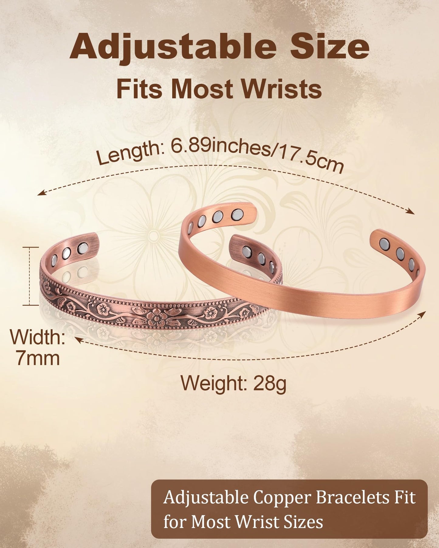 Fashtour Copper Magnetic Bracelets for Men Women,99.99% Pure Copper With 6 & 8 Ultra-Strong Magnets 3800 Gauss, Adjustable Design(2PCS) (Classic and Vintage)