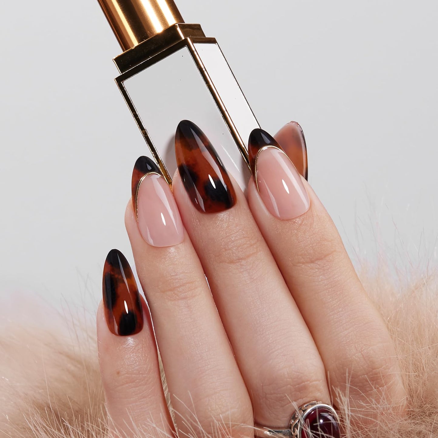 VSALON Press On Nails Short Almond, 32 Pcs 16 Sizes Brown Cat Eye & Tortoise Shell French Tip Glue On Nails Kit for Women