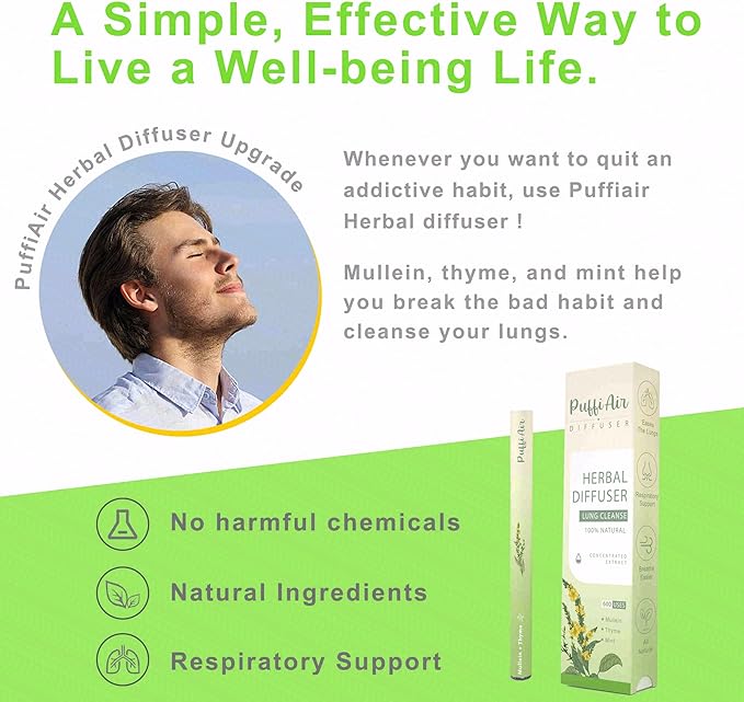 Herbal Diffuser Upgraded with Extracts of Mullein, Thyme and Mint for Cleansing Lungs, Improving Breathing and Oral Air Freshening (Green, 6 Sticks (Pack of 2))
