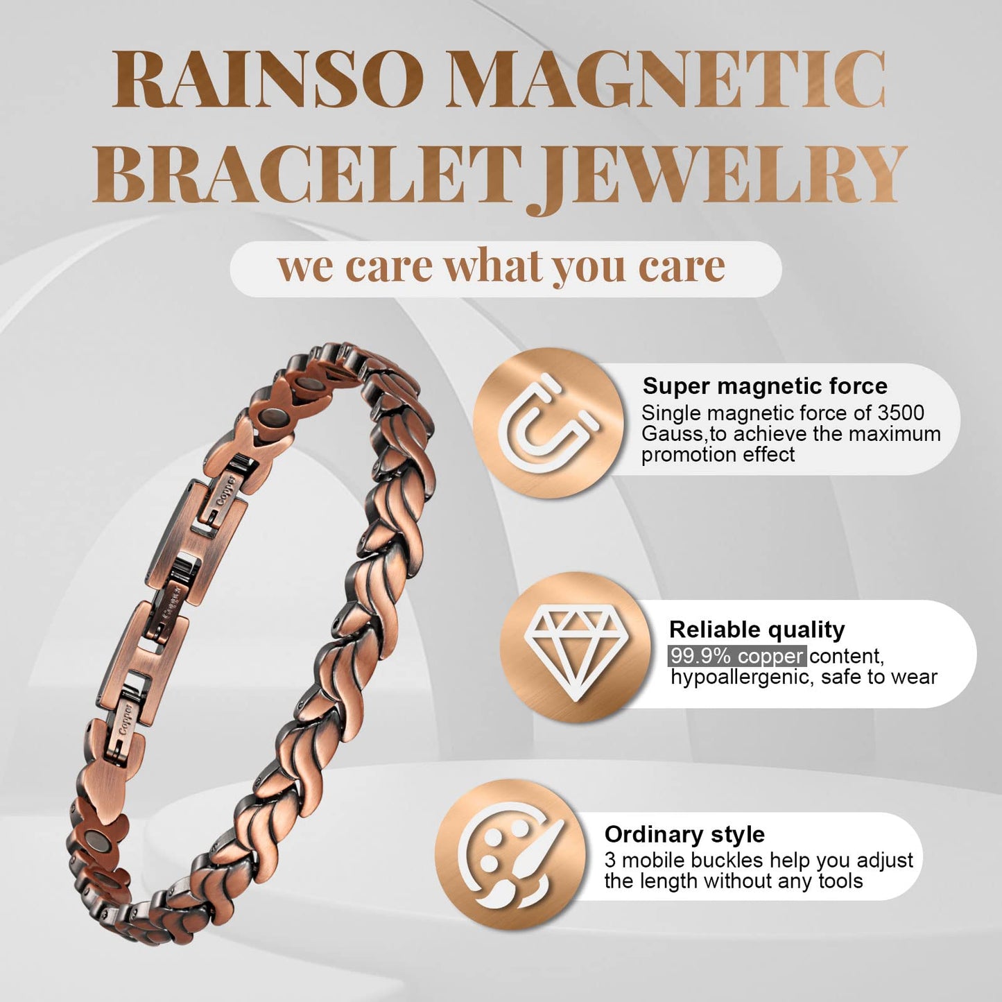 RainSo Magnetic Copper Bracelets for Women – 99.99% Pure Solid Copper Bangle with 3 Smarter Button，Adjustable Wristband, Elegant Design