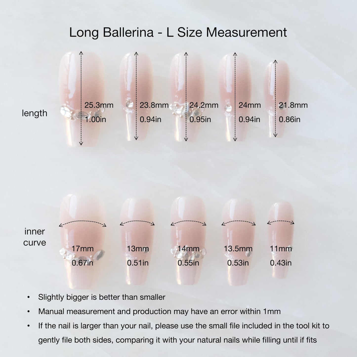 GLORS Long Ballerina Press-on Nails, Pink French Style with Rhinestones, Coffin Shape, Handmade False Nail 10 Pieces (Large,LB)