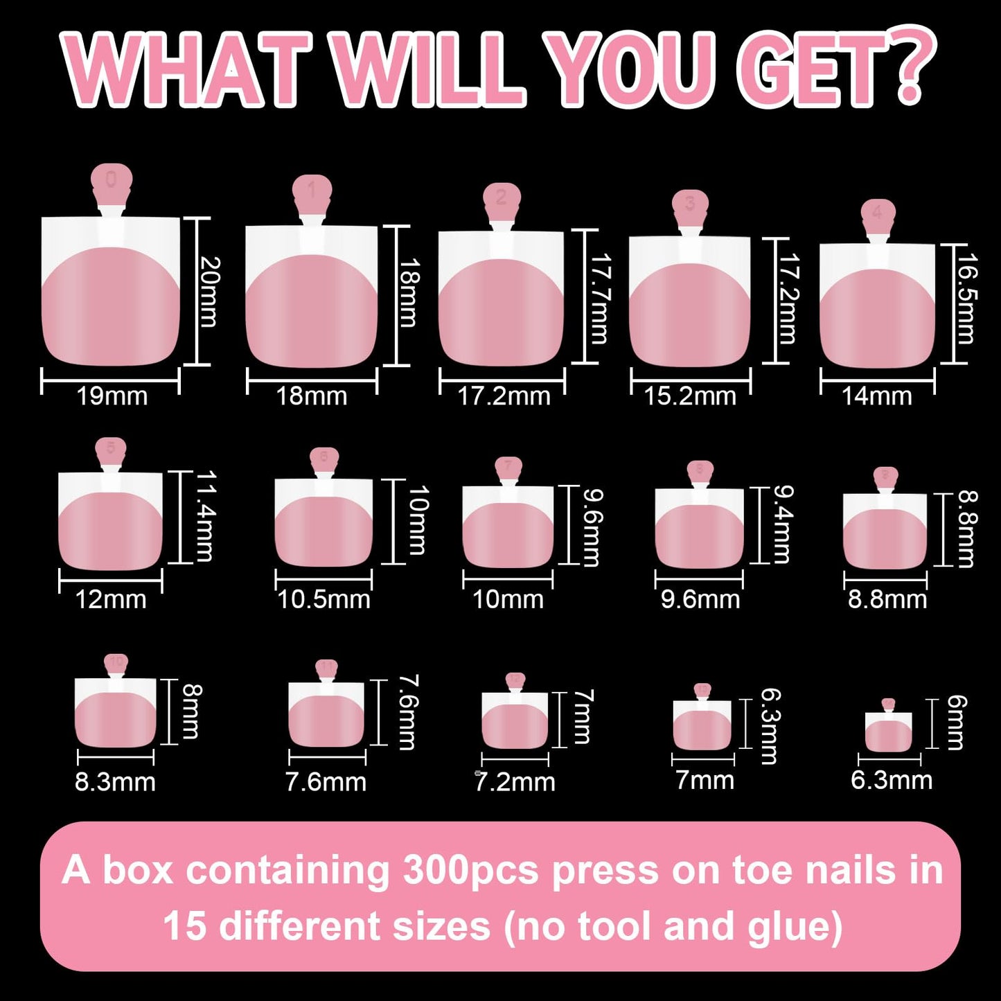 EBANKU French Tips Toe Press On Nails, 300 Pcs Sharp Square Pre-applied Primer & Base Coat Toe Nail Press Ons Light Pink Full Cover Fake Tips Extension, 15 Sizes