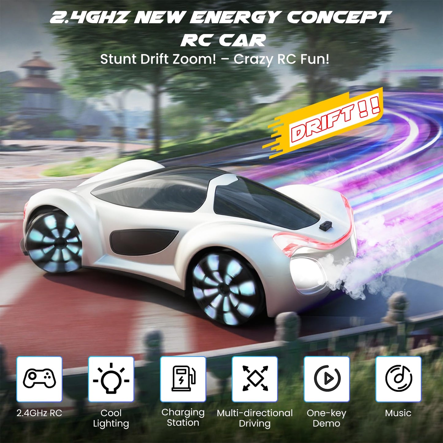 SIMREX Gesture Sensing Remote Control Car with Charging Dock - 360° Rotate Drift RC Stunt Car Toy, 40 Min Playtime, Dual Control, Spray Mist & LED Lights, Birthday Gift for Kids Boys Girls（White）