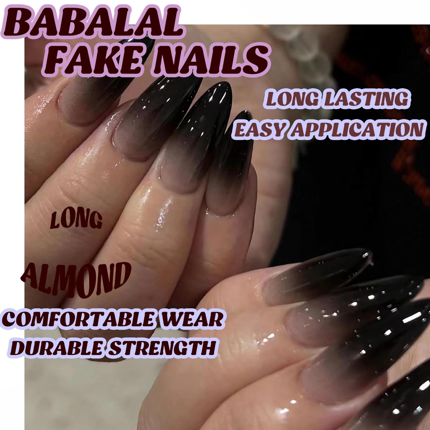 BABALAL Press on Nails Almond Medium Fake Nails Black Goth Glue on Nails Halloween Acrylic Nails Vampire Stiletto False Nails 24Pcs Punk Stick on Nails