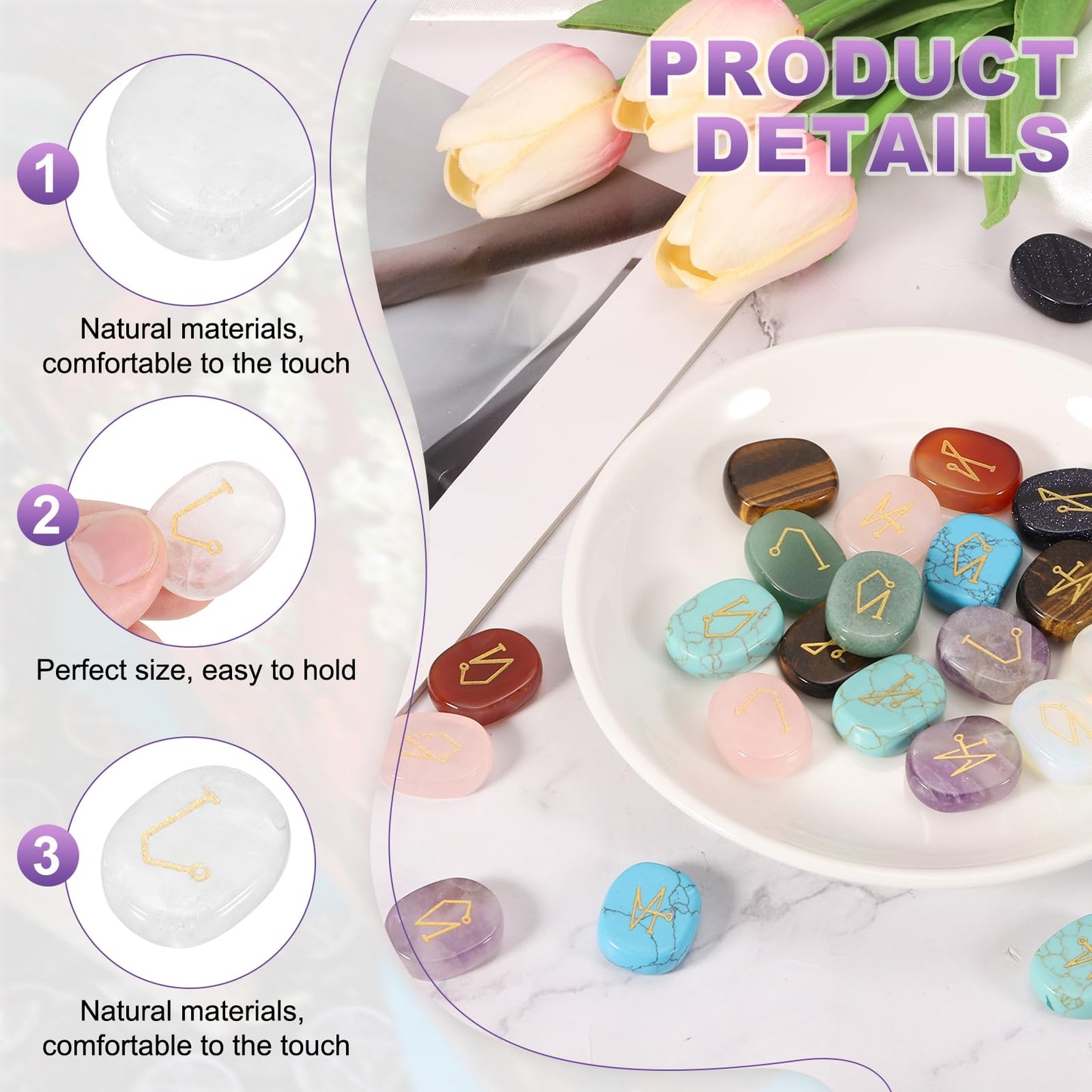 MECCANIXITY 4Pcs Engraved Chakra Stones with Reiki Symbols, Clear Quartz Reiki Healing Crystal Gemstone 7 Chakra Crystal Stones Tumbled Palm Stone for Anxiety Relieve