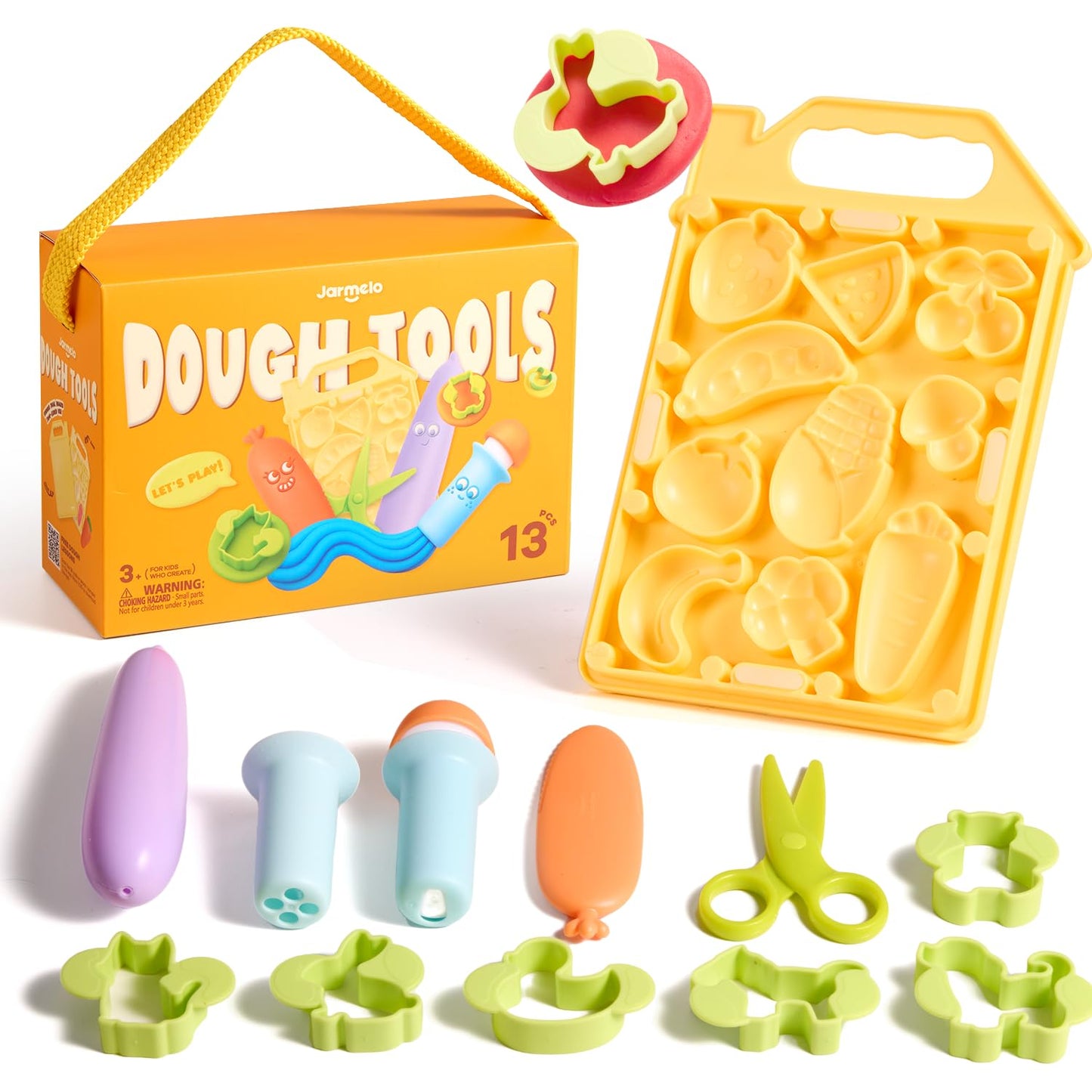 Jar Melo Dough Tool Set, 13 Pcs Farm Dough Tools for Kids Ages 2+, Dough Accessories Includes Cutters, Roller, Safety Scissors, Animal Molds and Veggie Board. Preschool Arts & Crafts Toy